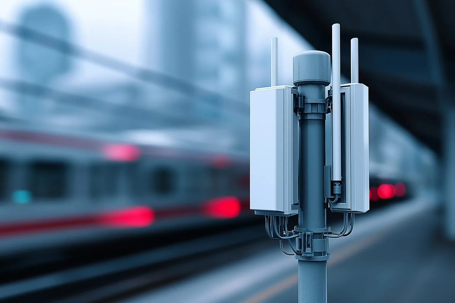 5G mast with blurred train in background.