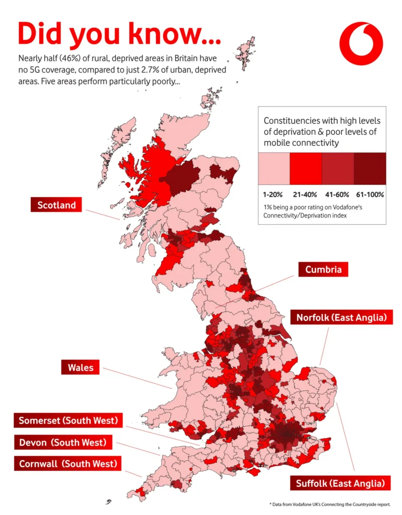 Map of the UK highlighting mobile connectivity