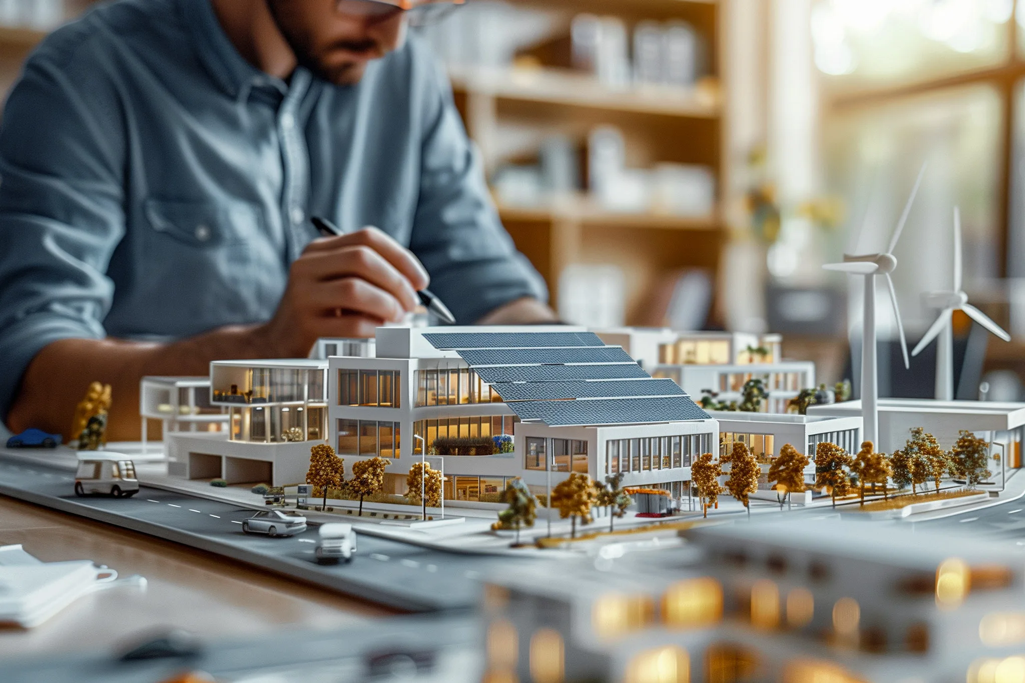 architect urban planner working on a model of a town of the future