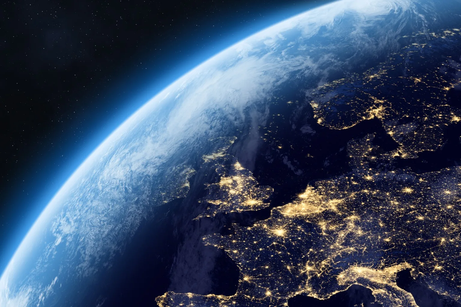 View of earth from space, with countries' lit up by electricity usage.