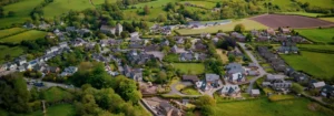 A Birdseye view of a village in the countryside
