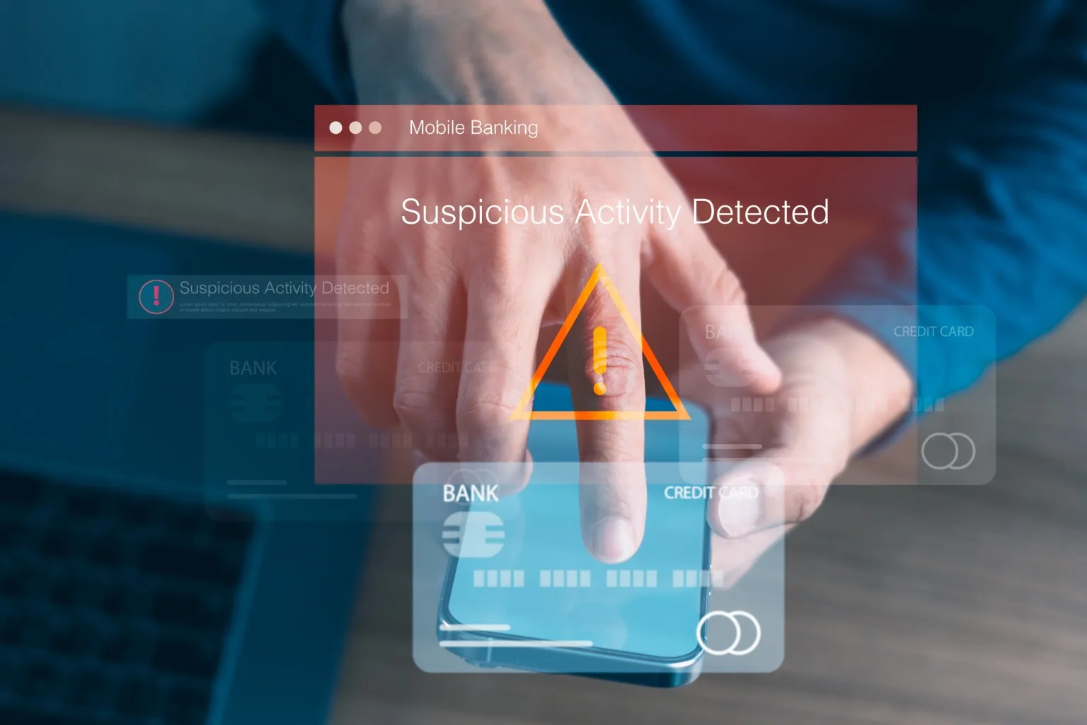 Person pressing button on smartphone, with banking app/fraud graphic overlay.